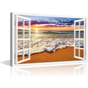 ALAYRA 3D Open Wooden Window View Canvas Wall Art Tropical Beach Sunset Picture for Living Room Kitchen or Bedroom Modern Art wall Decor Seascape Ready to Hang(16x24in) 01