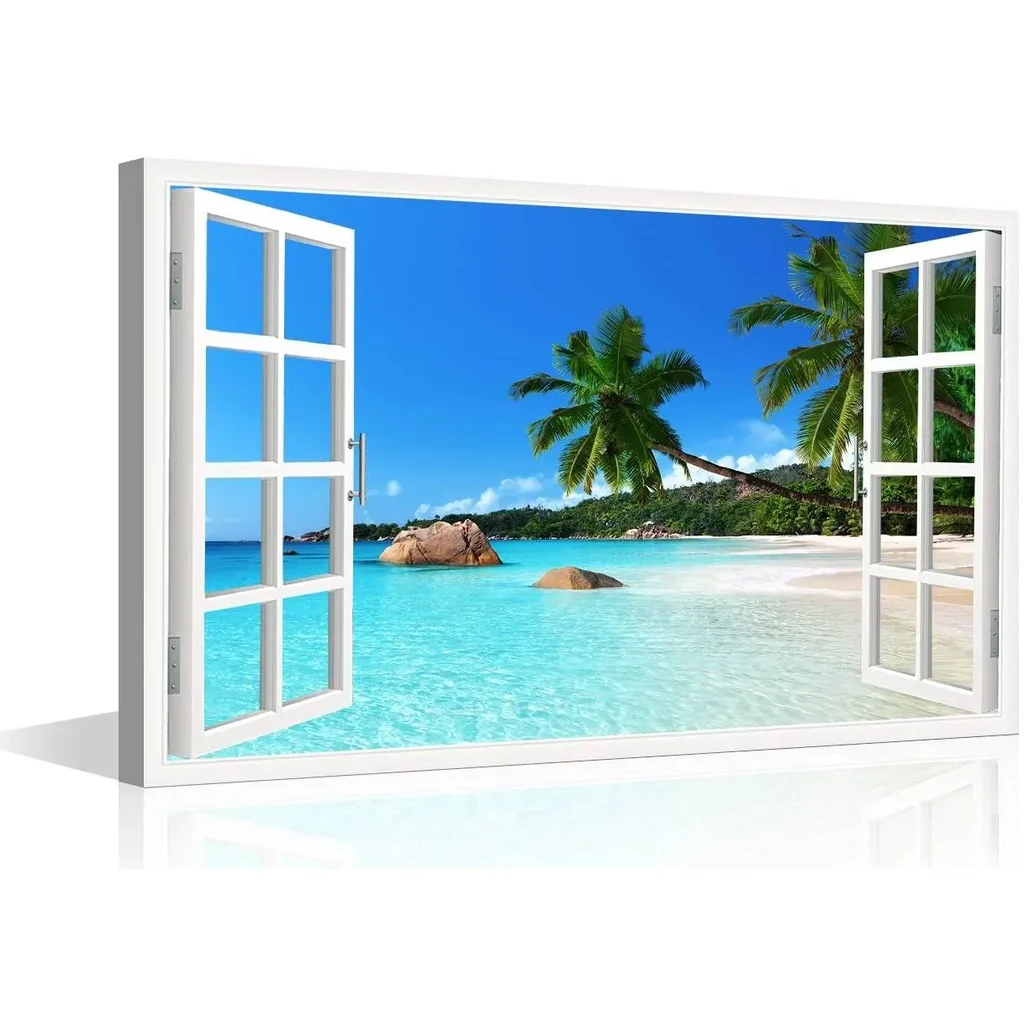 ALAYRA 3D Window Effect View Canvas Wall Art Coconut Tree Beach Seaside Landscap Pictures Kitchen for Living Room Bedroom Office Home Decorations Ready to Hang 16x24inch 01