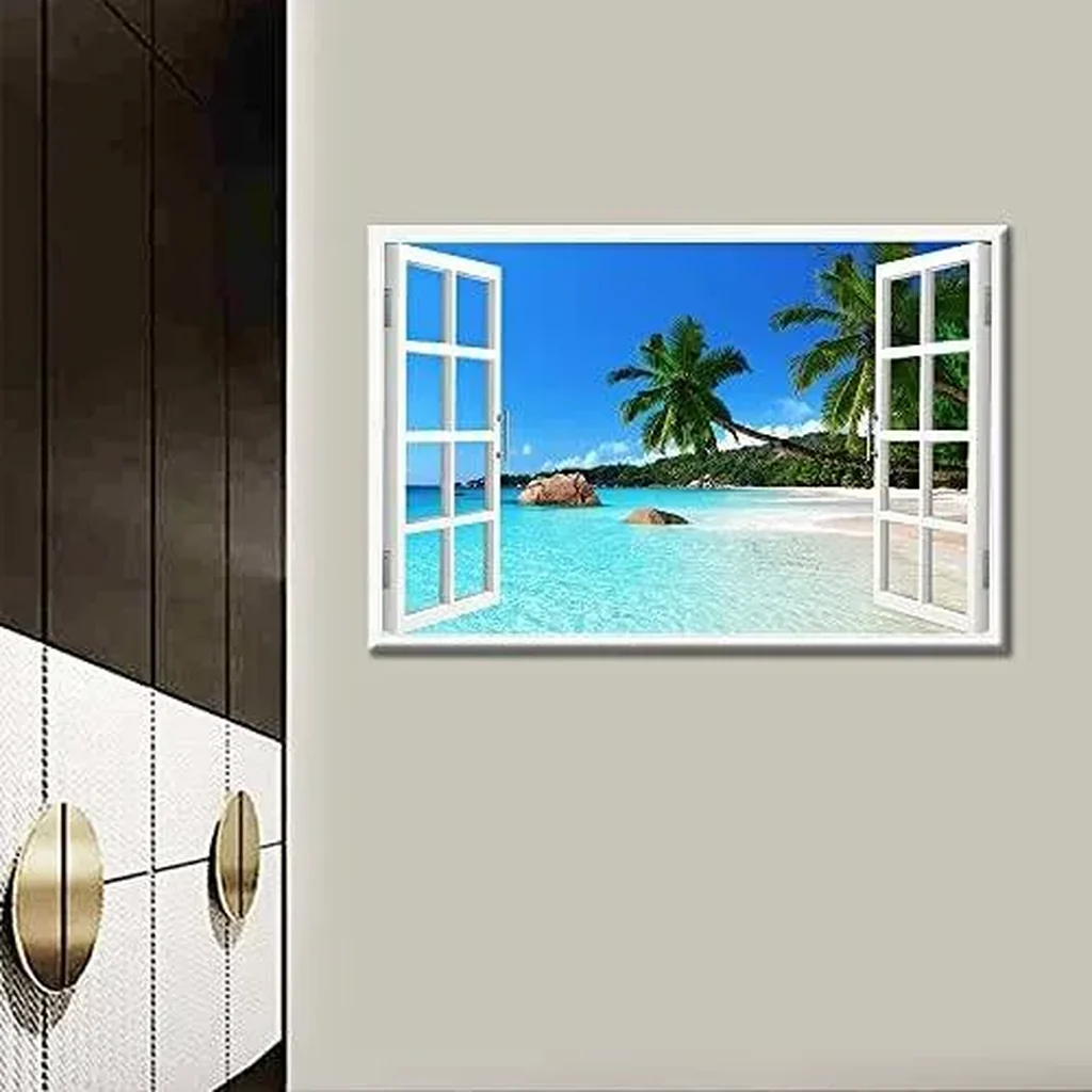 ALAYRA 3D Window Effect View Canvas Wall Art Coconut Tree Beach Seaside Landscap Pictures Kitchen for Living Room Bedroom Office Home Decorations Ready to Hang 16x24inch 01 - Image 2