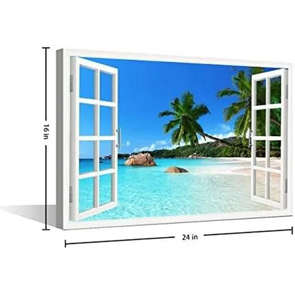 ALAYRA 3D Window Effect View Canvas Wall Art Coconut Tree Beach Seaside Landscap Pictures Kitchen for Living Room Bedroom Office Home Decorations Ready to Hang 16x24inch 01 - Image 3