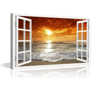 ALAYRA 3D Window Effect Wall Art Decor Canvas Painting Dusk Beach Coastal Wave Pictures Fake Window Artwork Framed Prints for Home Office Decor 12X18in Ready to Hang 01