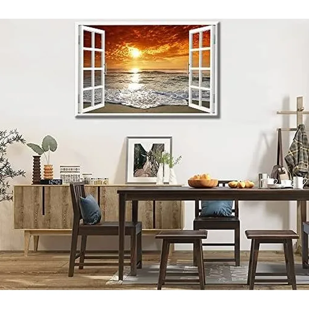 ALAYRA 3D Window Effect Wall Art Decor Canvas Painting Dusk Beach Coastal Wave Pictures Fake Window Artwork Framed Prints for Home Office Decor 12X18in Ready to Hang 01 - Image 2