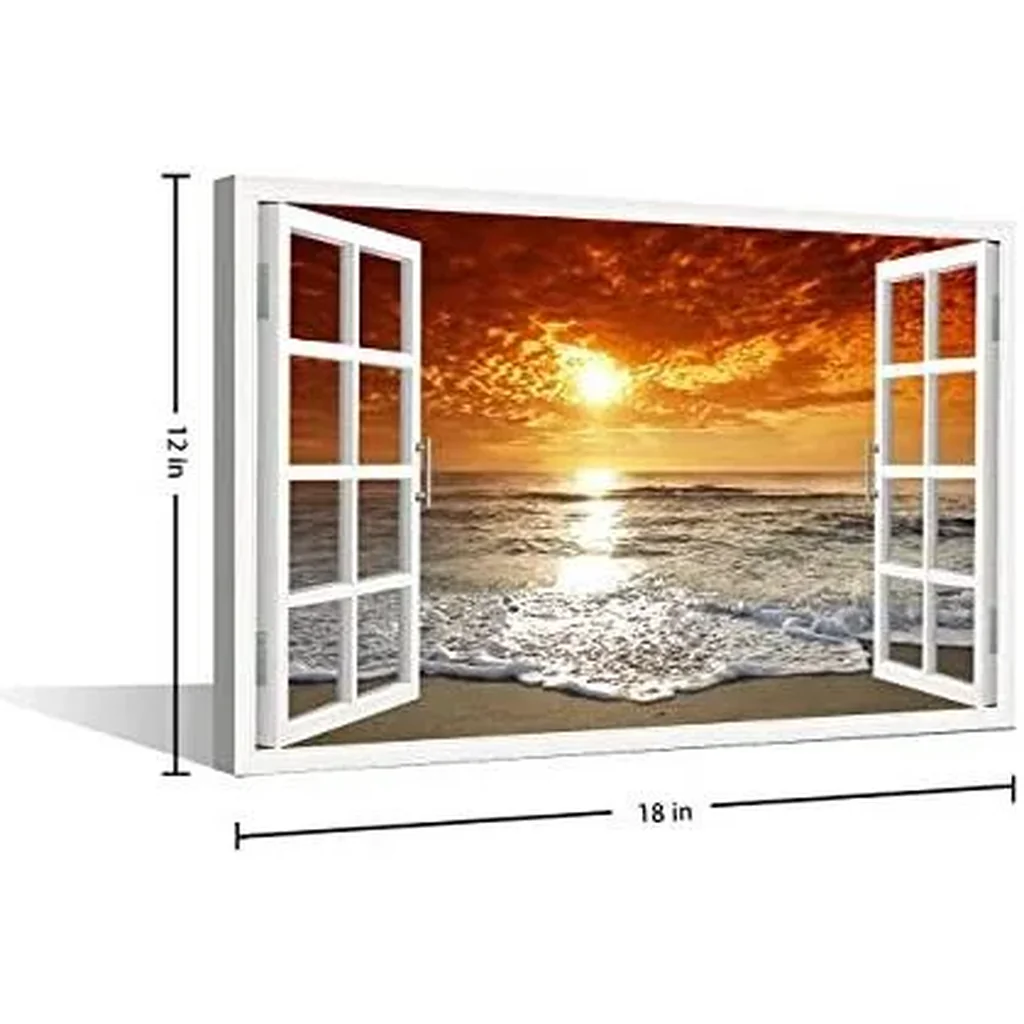 ALAYRA 3D Window Effect Wall Art Decor Canvas Painting Dusk Beach Coastal Wave Pictures Fake Window Artwork Framed Prints for Home Office Decor 12X18in Ready to Hang 01 - Image 3