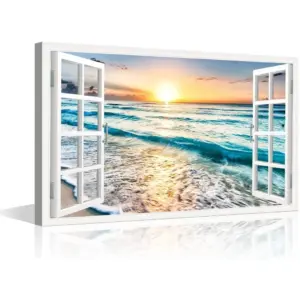 ALAYRA 3D Window View Canvas Wall Art Blue Ocean Wall Decor White Beach Modern Family Wall Decor Hang Pictures for Living Room Bedroom Office Posters Prints Framed Ready to Hang - 24" W x 16" H 01