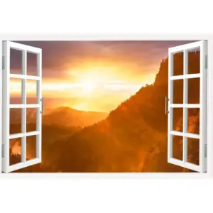 ALAYRA 3D Window View Canvas Wall Art Sunset Over Mountain Poster Canvas Art Forest Nature Landscape Rustic Home Decor Artwork Canvas Wall Decor for Living Room Bedroom Framed Ready to Hang - 36"W x 2