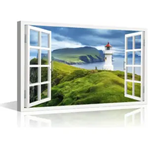 ALAYRA 3D Window View Faroe Islands Wall Art for Living Room Canvas Art Wall Decor Mikinski Lighthouse Pictures Natural Landscape Painting Stretched Framed Ready to Hang 16x24inch 01