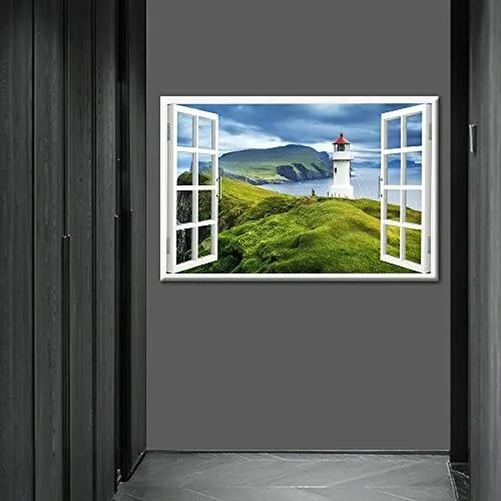 ALAYRA 3D Window View Faroe Islands Wall Art for Living Room Canvas Art Wall Decor Mikinski Lighthouse Pictures Natural Landscape Painting Stretched Framed Ready to Hang 36x24inch 01 - Image 2