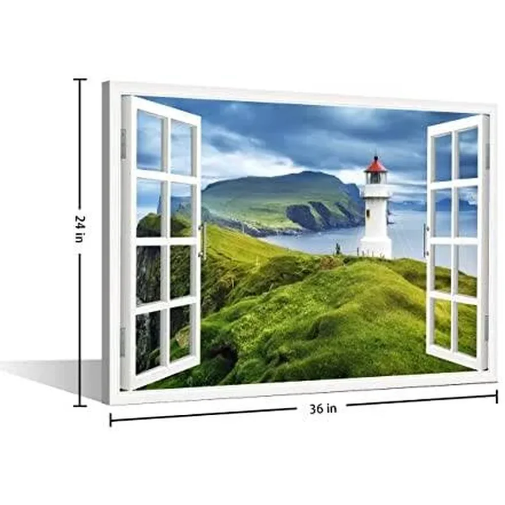 ALAYRA 3D Window View Faroe Islands Wall Art for Living Room Canvas Art Wall Decor Mikinski Lighthouse Pictures Natural Landscape Painting Stretched Framed Ready to Hang 36x24inch 01 - Image 3
