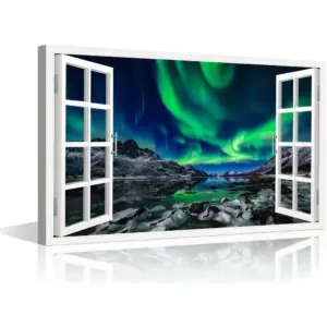 ALAYRA 3D Window View Wall Art Aurora Scenery Painting on Canvas Fake Window Wall Decorations for Living Room Stretched and Framed Bedroom Wall Decor Ready to Hang for Office Home Decor 12x18inch 01