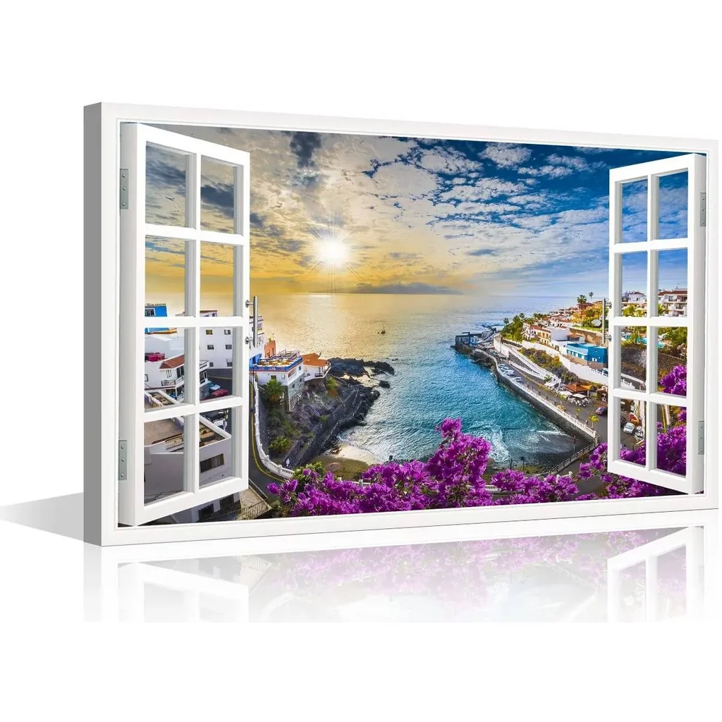 ALAYRA 3D Windows Effect Beach Canvas Wall Art - Landscape View European Coastal Towns - Fake Windows Beach Wall Art - Sunset On Ocean Beach Picture - Nature Landscape 36x24inch 01