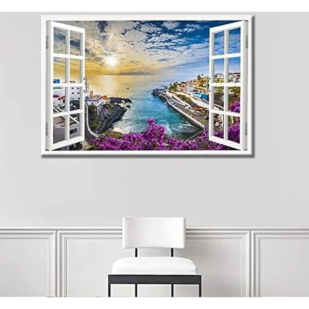 ALAYRA 3D Windows Effect Beach Canvas Wall Art - Landscape View European Coastal Towns - Fake Windows Beach Wall Art - Sunset On Ocean Beach Picture - Nature Landscape 36x24inch 01 - Image 2