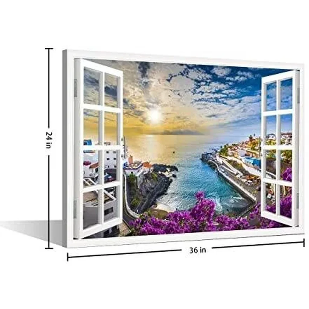 ALAYRA 3D Windows Effect Beach Canvas Wall Art - Landscape View European Coastal Towns - Fake Windows Beach Wall Art - Sunset On Ocean Beach Picture - Nature Landscape 36x24inch 01 - Image 3
