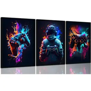 ALAYRA 3Pcs Cool Gaming Wall Art Retro Video Game Posters Pictures Colorful Neon Gamepad Canvas Painting Prints for Boys Room Kids Game Room Accessories Bedroom Home Decoration Unframed (Colorful, 01