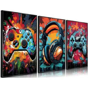 ALAYRA 3Pcs Cool Gaming Wall Art Retro Video Game Posters Pictures Colorful Neon Gamepad Canvas Painting Prints for Boys Room Kids Game Room Bedroom for Boys Home Decoration 12x16in Unframed 01