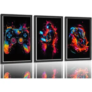 ALAYRA 3Pcs Cool Gaming Wall Art Retro Video Game Posters Pictures Wall Decor Colorful Neon Gamepad Canvas Painting Prints for Boys Room Kids Game Room Bedroom for Boys Home Decoration Unframed 01