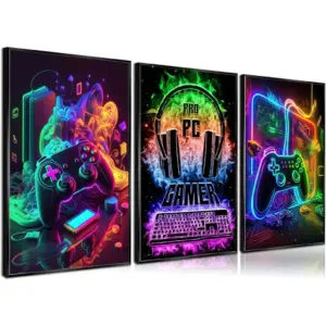 ALAYRA 3Pcs Cool Gaming Wall Art Retro Video Gamer Posters Pictures Colorful Neon Gamepad Canvas Painting Prints for Boys Room Kids Gamer Room Bedroom for Boys Home Decoration 12x16in 01