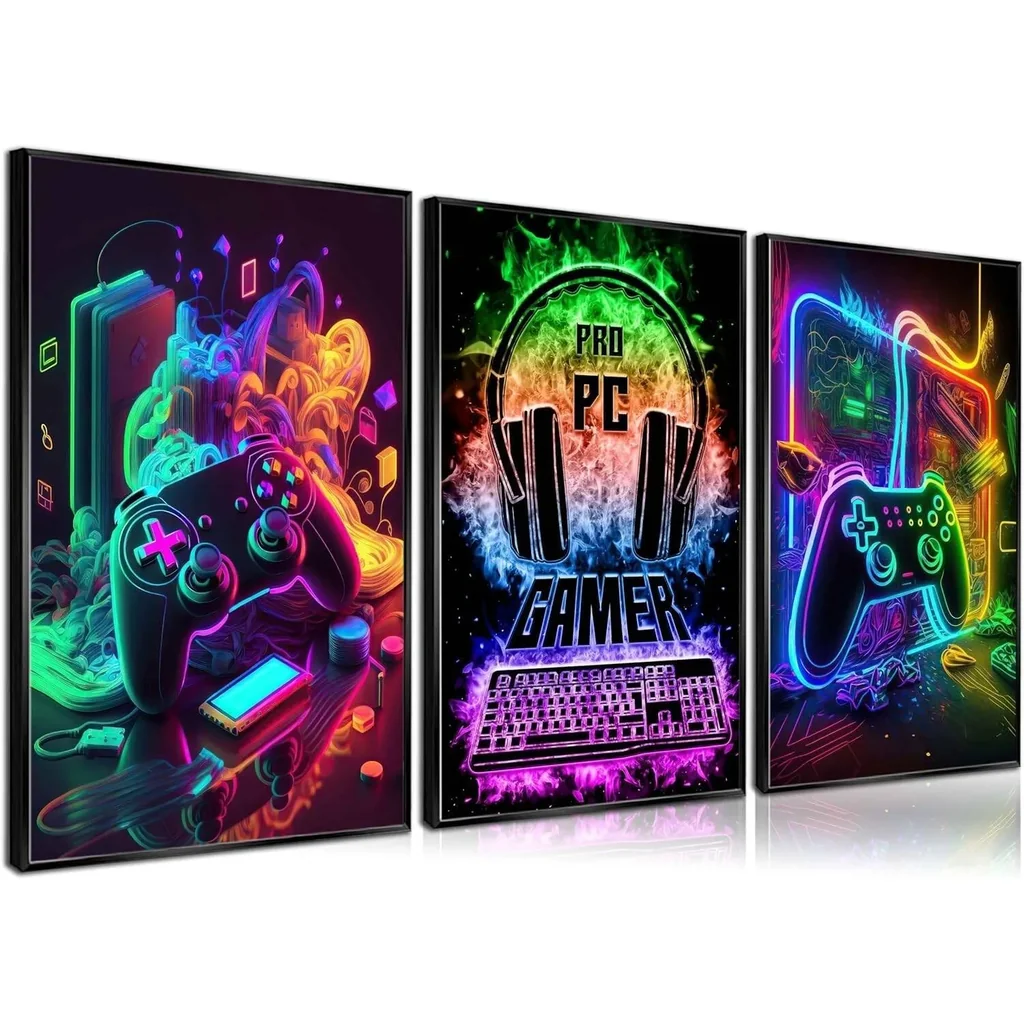 ALAYRA 3Pcs Cool Gaming Wall Art Retro Video Gamer Posters Pictures Colorful Neon Gamepad Canvas Painting Prints for Boys Room Kids Gamer Room Bedroom for Boys Home Decoration 12x16in 01