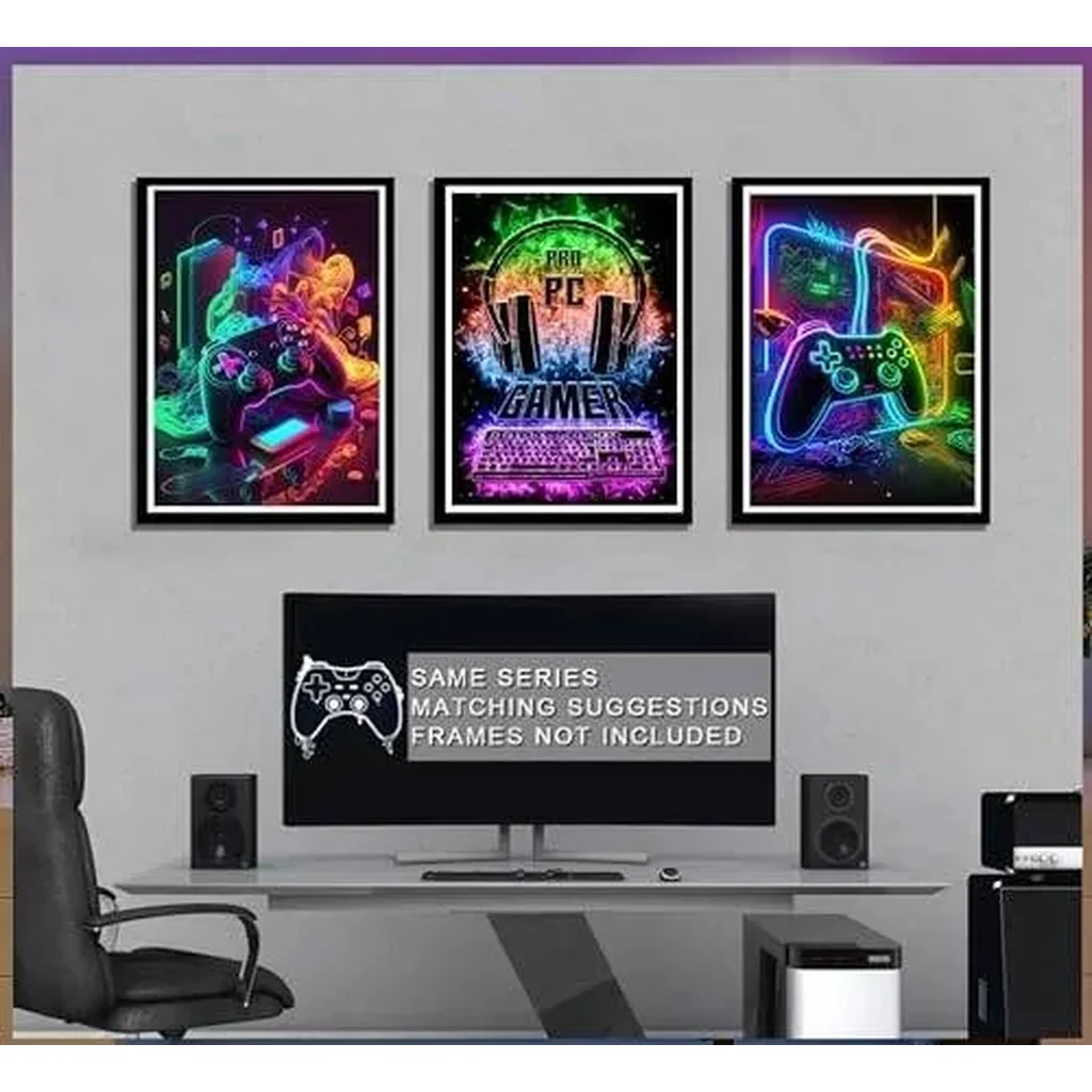 ALAYRA 3Pcs Cool Gaming Wall Art Retro Video Gamer Posters Pictures Colorful Neon Gamepad Canvas Painting Prints for Boys Room Kids Gamer Room Bedroom for Boys Home Decoration 12x16in 01 - Image 2