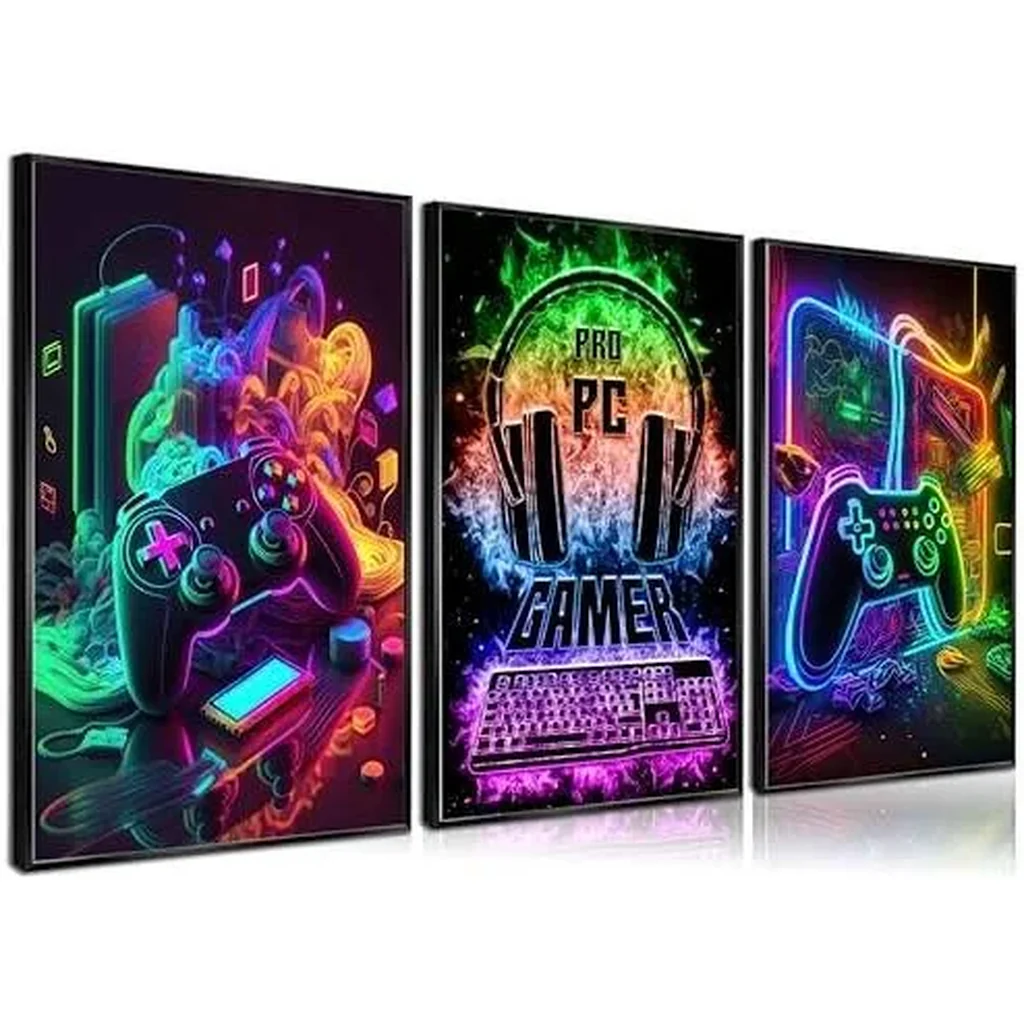ALAYRA 3Pcs Cool Gaming Wall Art Retro Video Gamer Posters Pictures Colorful Neon Gamepad Canvas Painting Prints for Boys Room Kids Gamer Room Bedroom for Boys Home Decoration 12x16in 01 - Image 4