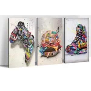 ALAYRA 3-Pieces Colorful Sneaker Banksy Canvas-Wall-Art, Cool Gamepad Graffiti Banksy Street Canvas Painting for Boys Room Wall Decor, Pop Art Print Trippy Framed Poster for Kids Room Decor (16x24x3Pc