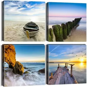 ALAYRA 4 Pieces Wall Art Canvas Prints - Wooden Boats, Stakes and Piers on The Beach Picture Painting- Modern Wall Artwork Framed for Bathroom Home Office Decor - 30 x 30 CM 01
