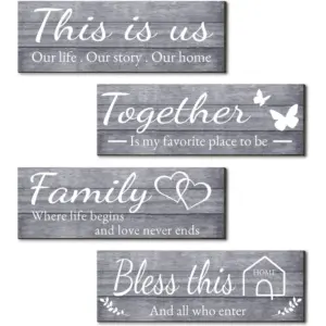 ALAYRA 4 Pieces Wall Decor Signs, THIS IS US, TOGETHER, BLESS THIS HOME, FAMILY Rustic Wooden Farmhouse Wall Art Dcor For Living Room Bedroom Kitchen, 4.7 x 13.8 Inch(Grey) 01