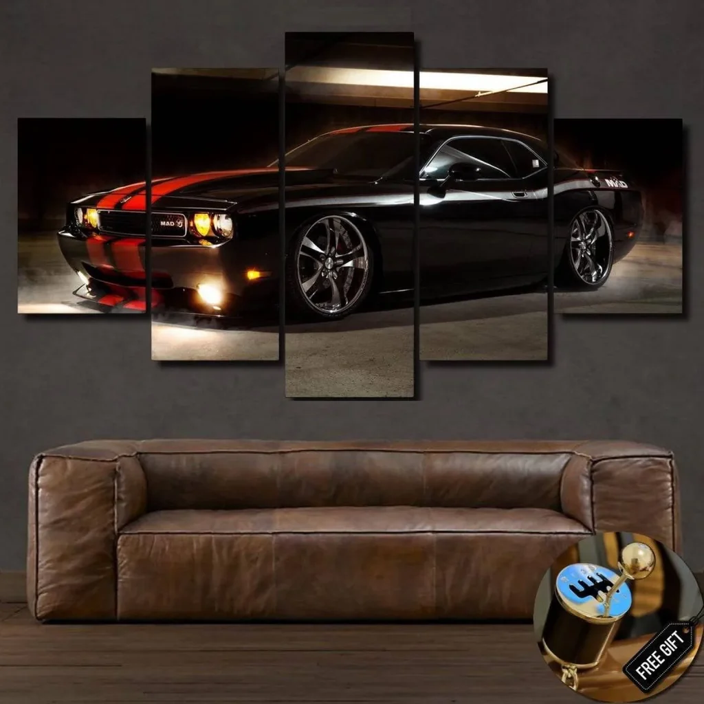 ALAYRA 5 Piece Canvas Paintings Posters & Prints Wall Art HD Printed Black Sports Car Racing - Premium Canvas Printed Wall Art Poster Canvas Home Decor Ready to Hang (60"W x 32"H) 01