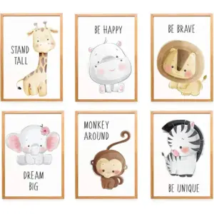 ALAYRA 6 Pack Baby Jungle Nursery Wall Decor Art Pictures, Unframed Cartoon Safari Animal Wall Murals/Poster with Inspirational Quotes for Baby & Kids Living Room Bedroom Bathroom 21 x 29.7 cm 01