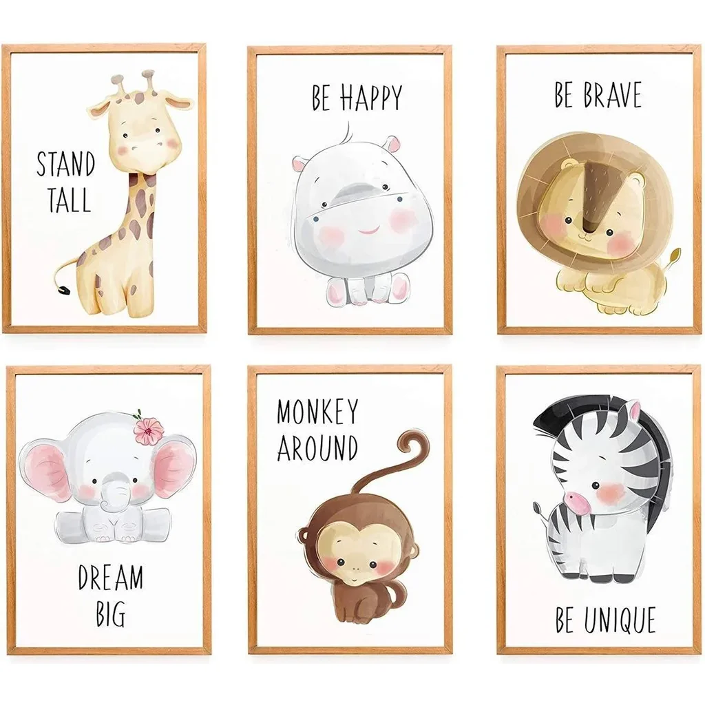 ALAYRA 6 Pack Baby Jungle Nursery Wall Decor Art Pictures, Unframed Cartoon Safari Animal Wall Murals/Poster with Inspirational Quotes for Baby & Kids Living Room Bedroom Bathroom 21 x 29.7 cm 01