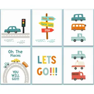 ALAYRA 6 PCS Transportation Wall Art Car Nursery Decor Boys Room Wall Decor, Unframed, Cute Funny Car Vehicle Prints Painting Artwork for Boys Room Bedroom Home Nursery Living Room Playroom, 8x10 inch