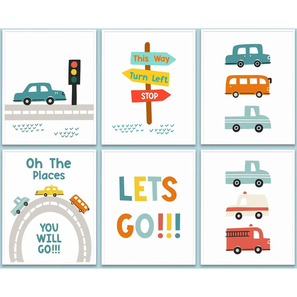 ALAYRA 6 PCS Transportation Wall Art Car Nursery Decor Boys Room Wall Decor, Unframed, Cute Funny Car Vehicle Prints Painting Artwork for Boys Room Bedroom Home Nursery Living Room Playroom, 8x10 inch