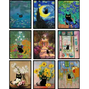 ALAYRA 9 Pcs Funny Black Cat Wall Art Poster Prints Vintage Sunflower Canvas Artwork Pictures Gift Cute Room Decor Aesthetic Floral Monet Van Gogh for Living Bathroom Bedroom Decorate Unframed 01