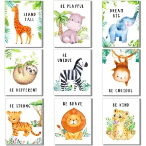 ALAYRA 9 Pcs Safari Nursery Decor 8 x 10 Inch Baby Boy Baby Girl Nursery Wall Decor Jungle Animal Wall Prints on Canvas Animal Pictures Cute Wall Art for Kids Room Bedroom Living Room, Unframed 01