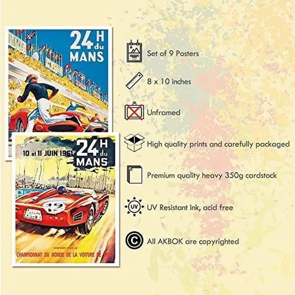 ALAYRA 9 Pcs Vintage Car Racing Grand Prix Posters, Unframed 8x 10 Wall Art Decor for Home Living Room Bedroom Office 01 - Image 3