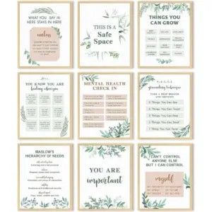 ALAYRA 9 Pieces Mental Health Posters Anxiety Therapy Motivational Poster Psychologist Counselor Inspirational Posters Positive Quotes Wall Decor Classroom for Home Office, 8 x 10 Inch(Leaf Style) 01