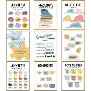 ALAYRA 9 Pieces Mental Health Posters Anxiety Therapy Motivational Poster Psychologist Counselor Inspirational Posters Positive Quotes Wall Decor Classroom for Home Office, 8 x 10 Inch(Retro Style) 01