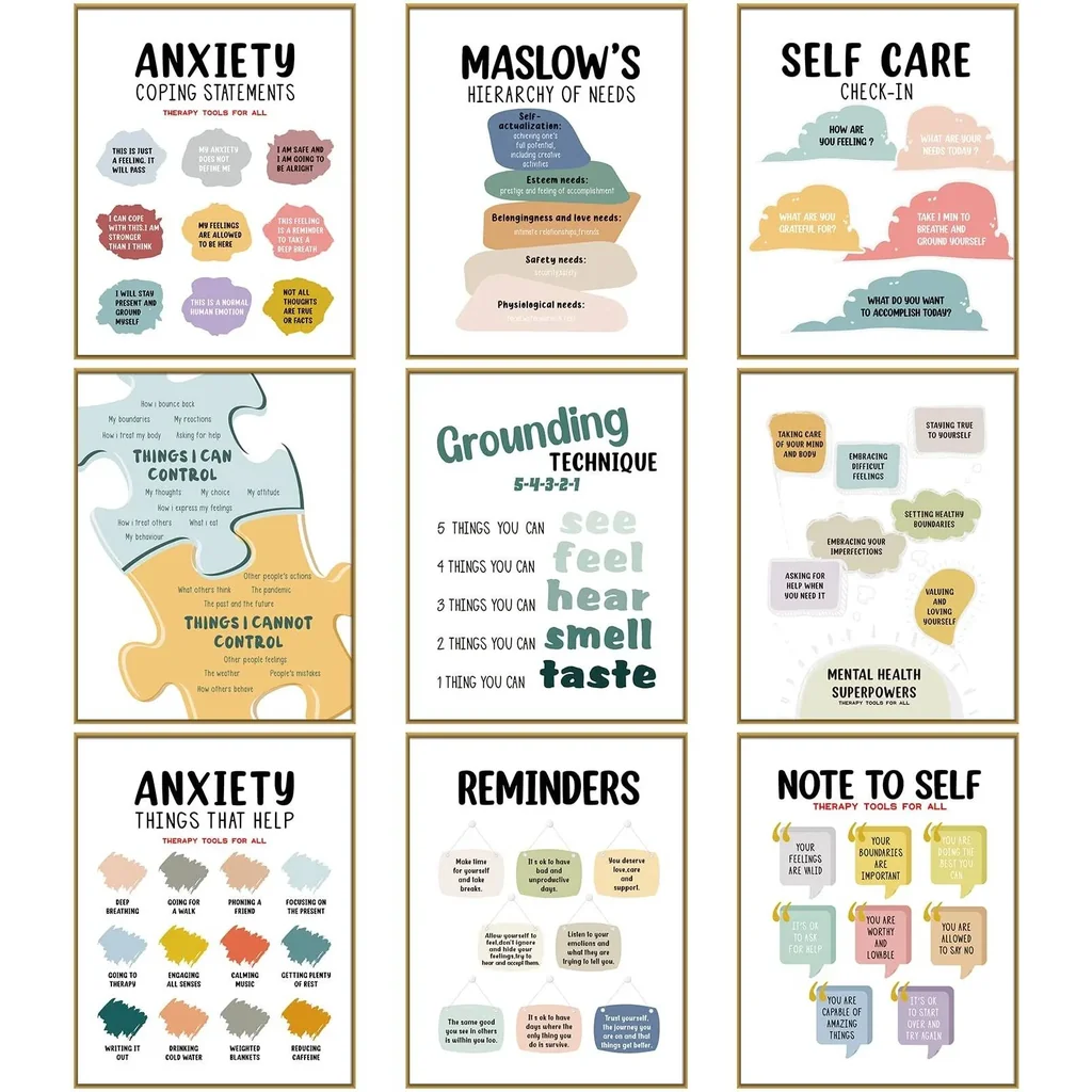ALAYRA 9 Pieces Mental Health Posters Anxiety Therapy Motivational Poster Psychologist Counselor Inspirational Posters Positive Quotes Wall Decor Classroom for Home Office, 8 x 10 Inch(Retro Style) 01