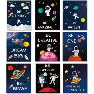 ALAYRA 9 Pieces Outer Space Wall Art Prints Spaceship Planet Rocket Posters Decor Motivational Quote Inspirational Pictures for Kids Nursery Bedroom Boys Playroom Classroom College Dorm 8"x 10" UNFRAM