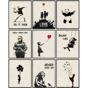 ALAYRA 9 Set Banksy Canvas Wall Art 8x10inch Banksy Wall Art Prints Unframed Panda Prints Banksy Posters Pictures Graffiti Street Wall Art Inspirational Quotes Art Wall Poster for Bedroom Living Room