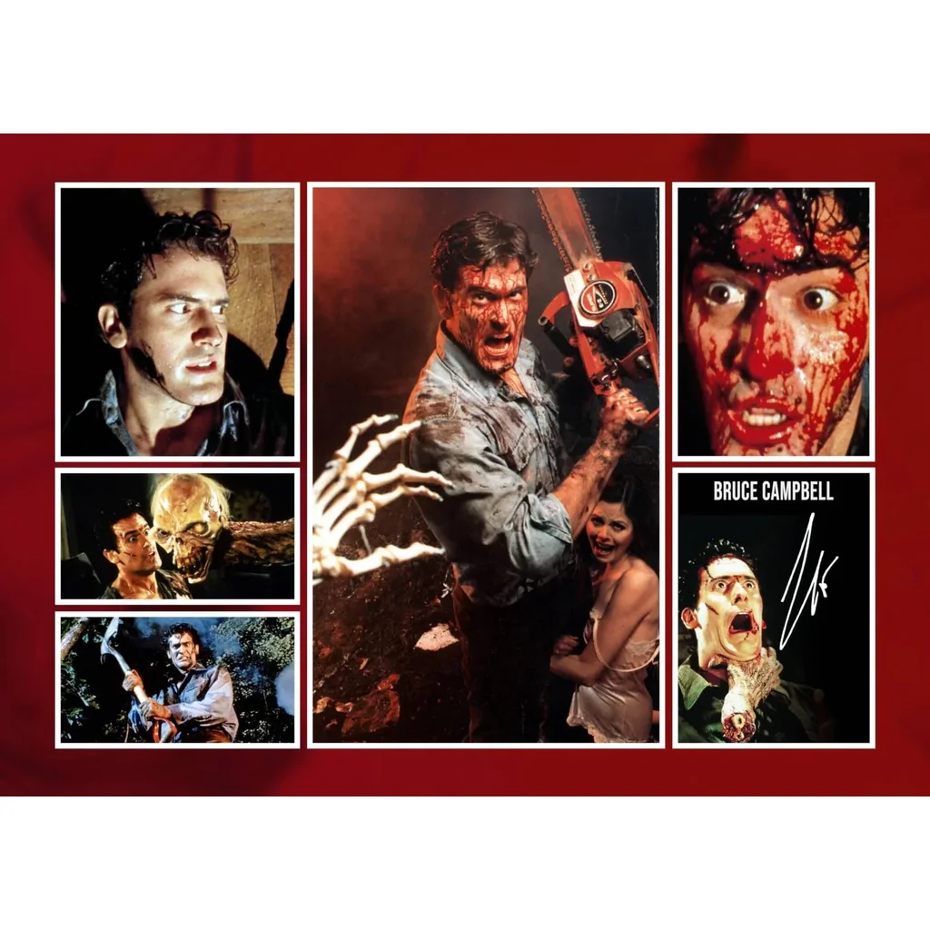 ALAYRA A Groovy Bruce Campbell - Evil Dead Signed A4 Montage Photo With Print Pre Printed Signature Autograph - Horror Gift 01