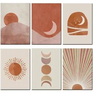 ALAYRA Abstract Boho Wall Art Print, Set of 6 Mid Century Modern Wall Decor Minimalist Sun Moon Stars Mountains Posters Canvas Painting for Living Room Bedroom Office Gift(Unframed 8x10") 01