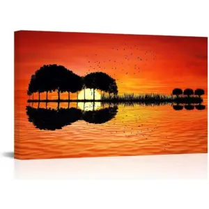 ALAYRA Abstract Guitar Tree Lake Sunset Art Canvas Painting Music Wall Art Guitar Decor Guitar Wall Art Artwork Musical Poster for Bedroom Living Room Decor Framed Ready to Hang (24W x 36'H) 01