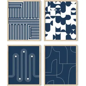 ALAYRA Abstract Wall Art Set of 4 Navy Blue and White Prints, Modern Abstract Art, Aesthetic Blue Posters for Walls (Unframed, 8x10) 01