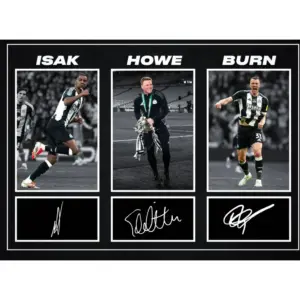ALAYRA Alexander Isak, Dan Burn & Eddie Howe 2024/5 Carabao Cup Signed A4 Montage Autograph Photo Print WIth Pre Printed Signatures Which Would Make A Superb Gift For Any Fan. 01