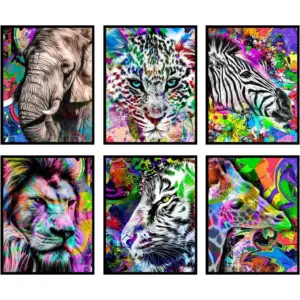 ALAYRA Animal Wall Art Animal Posters Abstract Wall Art - Set of 6 Animal Pictures Wall Art Safari Wall Art Elephant Animal Poster Lion Zebra Tiger Wall Art Colorful Abstract Wall Art (8x10) Unframed