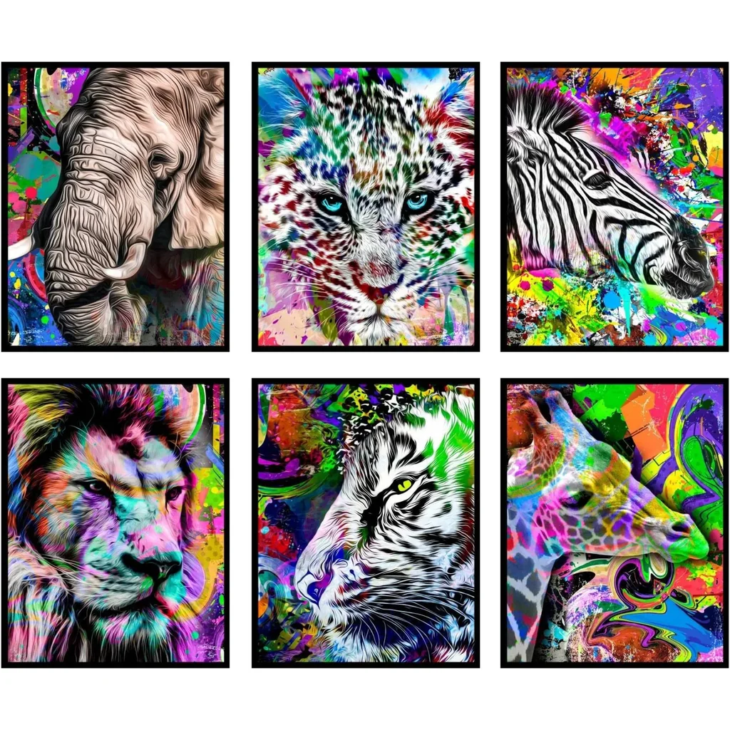 ALAYRA Animal Wall Art Animal Posters Abstract Wall Art - Set of 6 Animal Pictures Wall Art Safari Wall Art Elephant Animal Poster Lion Zebra Tiger Wall Art Colorful Abstract Wall Art (8x10) Unframed
