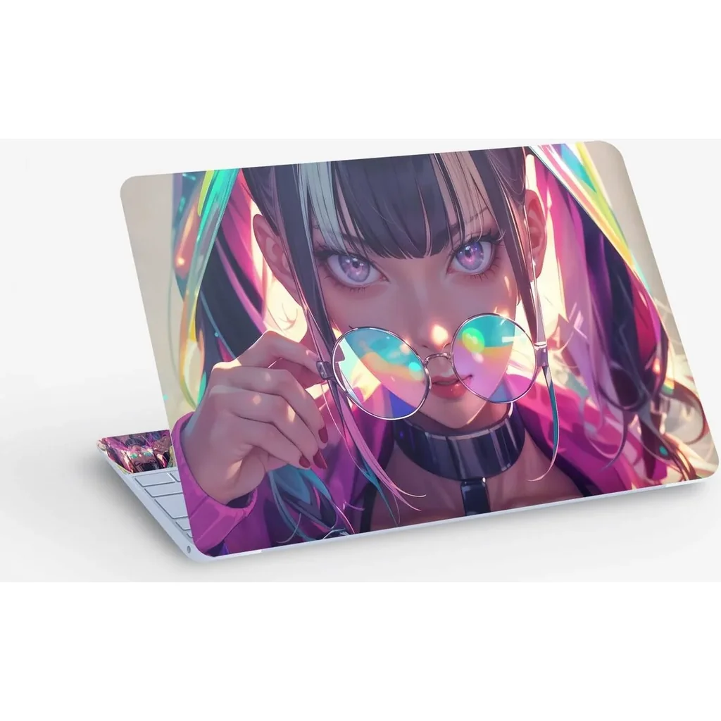ALAYRA Anime Girl Glasses, Laptop Skin Glossy Sticker Decal, 13.3 14 15 15.4 15.6 Inch Laptop Universal Vinyl Skin Sticker Cover, Dustproof, Waterproof, Decal Protector With Free 2 Wrist Pads 01