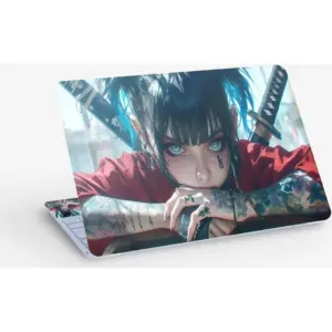 ALAYRA Anime Girl With Tattoo Katana, Laptop Skin Sticker Decal, 13.3 14 15 15.4 15.6 Inch Laptop Universal Vinyl Skin Sticker Cover, Dustproof, Waterproof, Decal Protector With Free 2 Wrist Pads 01