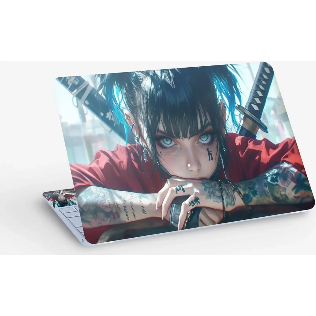 ALAYRA Anime Girl With Tattoo Katana, Laptop Skin Sticker Decal, 13.3 14 15 15.4 15.6 Inch Laptop Universal Vinyl Skin Sticker Cover, Dustproof, Waterproof, Decal Protector With Free 2 Wrist Pads 01