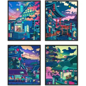 ALAYRA Anime Poster Japanese Wall Art Decor Neon Night Scene Wall Art Gift Set of 4(8x10 in Unframed) 01
